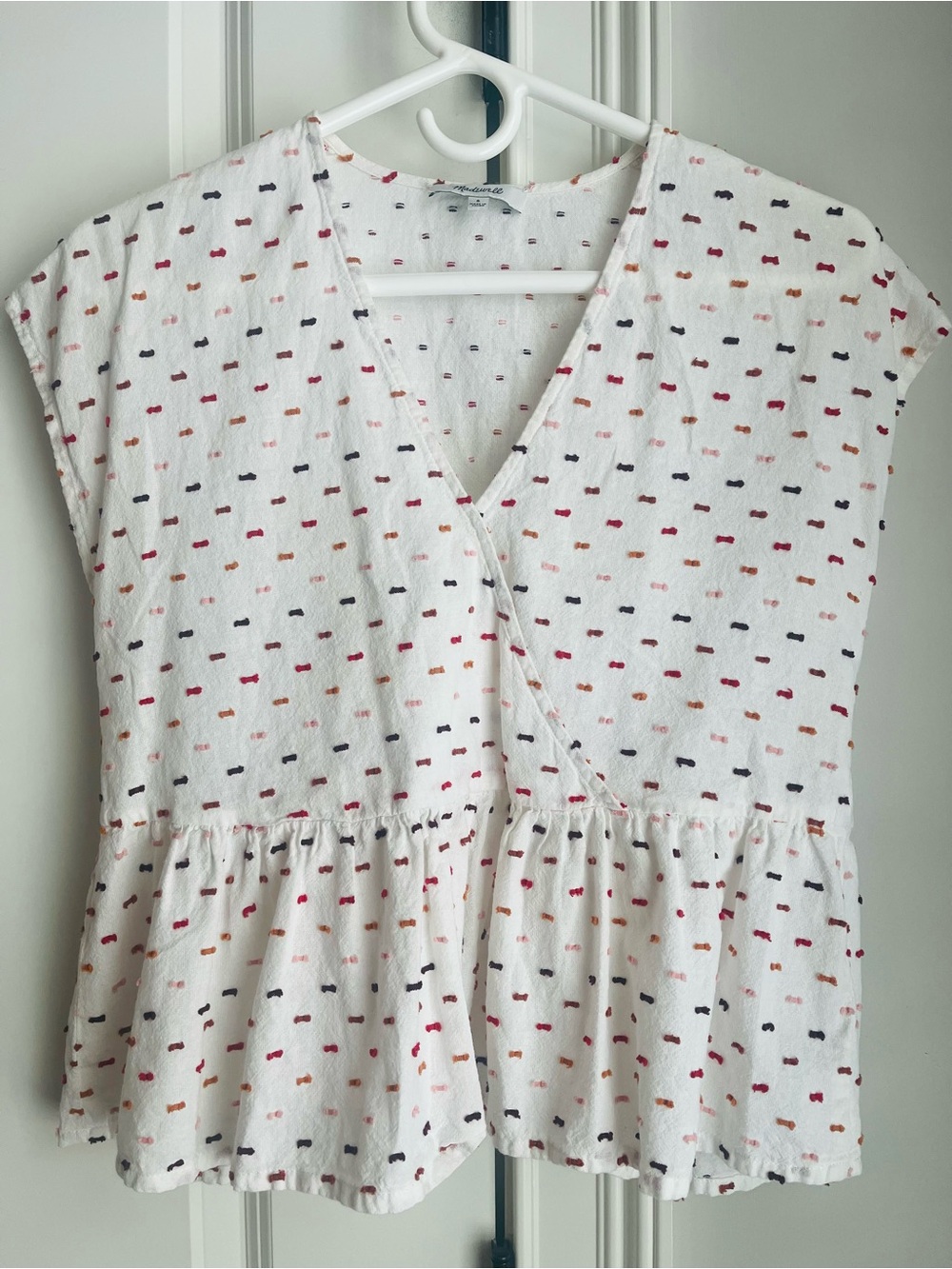 Madewell White Top with Multicolor Dot Embroidery